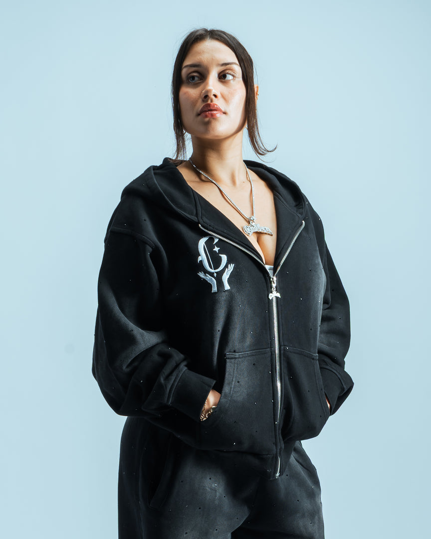 Black Washed Rhinestone Zip-Up